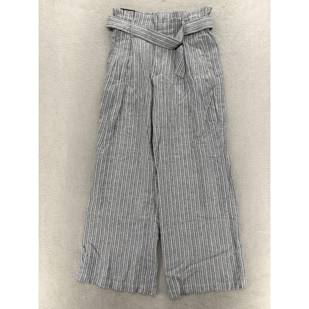 Banana Republic Linen Stripe Wide Leg Pants Womens 0 Blue Paperbag Crop Belted